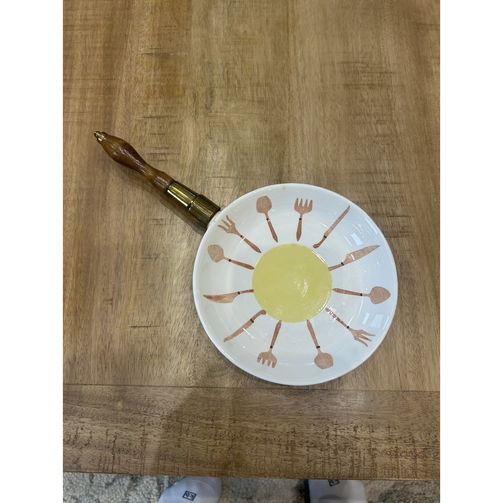 Vintage Ceramic Skillet Wall Decor Wood Handle Sunburst Mid Century Retro